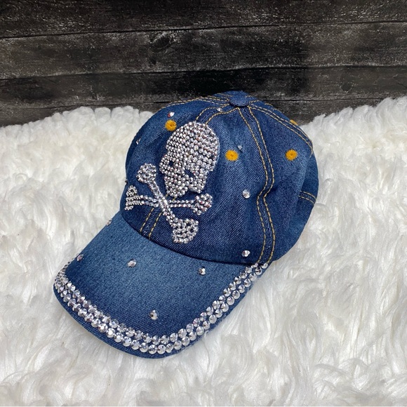 SKULL RHINESTONE DENIM BLING BASEBALL CAP ADJUSTABLE FASHION HAT - Picture 5 of 6